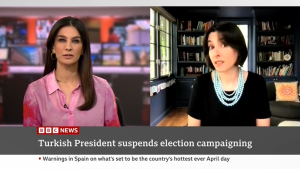 Screenshot of Sibel Oktay talking to Yalda Hakim on BBC World News.