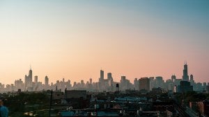 Chicago skyline with city in foreground.