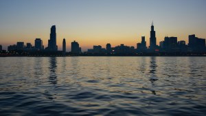 Chicago skyline behind Lake Michigan.