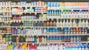 A shelf of milk and alternative milks at a grocery store is pictured.