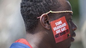 A Ugandan man is seen during the third Annual Lesbian, Gay, Bisexual and Transgender (LGBT) Pride celebrations in Entebbe, Uganda.