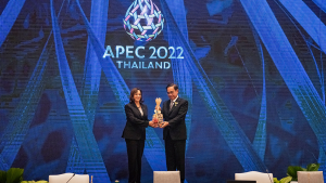 US VP Kamala Harris and Thailand's Prime Minister Prayuth Chan-ocha hold a Chalom during the closing of the 2022 APEC Summit in Bangkok, Thailand.