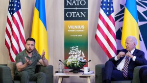 President Joe Biden, right, looks to Ukraine's President Volodymyr Zelenskyy as he speaks during a meeting on the sidelines of the NATO summit in Vilnius
