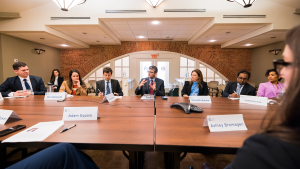 A group of Emerging Leaders sit around a table.