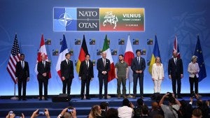 From left, Britain's Prime Minister Rishi Sunak, German Chancellor Olaf Scholz, French President Emmanuel Macron, Japan's Prime Minster Fumio Kishida, US President Joe Biden, Ukrainian President Volodymyr Zelensky, Canada's Prime Minister Justin Trudeau, Italy's Prime Minister Giorgia Meloni, European Council President Charles Michel and European Commission President Ursula von der Leyen
