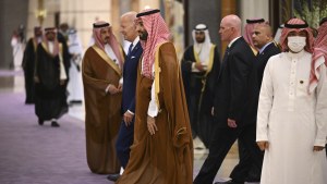 President Biden and Saudi Crown Prince Mohammed bin Salman walking.