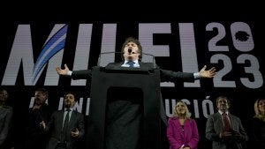 Javier Milei speaks during a rally in Buenos Aires