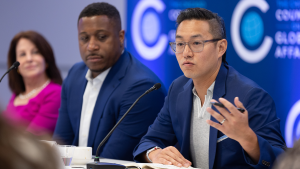 Senior leaders from corporate partner companies discussing corporate sustainability at a Council event on April 11, 2023.