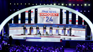 Republican presidential candidates stand onstage during the first Republican primary presidential debate on August 23, 2023.