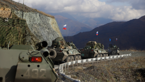 Russian military vehicles riding towards the separatist region of Nagorno-Karabakh.
