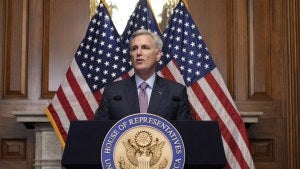 Rep. Kevin McCarthy speaks to reporters after he was voted out of the job of Speaker of the House