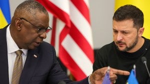 United States Secretary of Defense Lloyd Austin speaks with Ukraine's President Volodymyr Zelenskyy