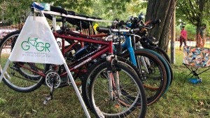 Bikes parked in the grass