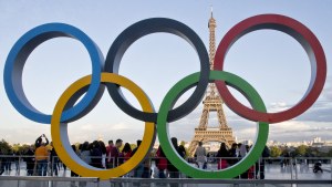 Olympic rings near the Eiffel Tower