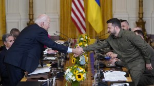 President Joe Biden shakes hands with Ukrainian President Volodymyr Zelenskyy as they meet in the East Room of the White House