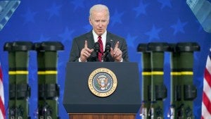 President Joe Biden speaks on security assistance to Ukraine during a visit to the Lockheed Martin Pike County Operations facility