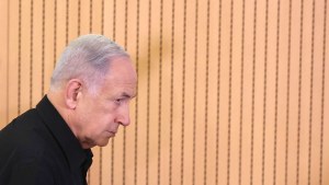 Benjamin Netanyahu seen in profile before a light brown paneled background. 