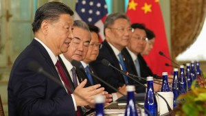 China's President President Xi Jinping speaks during a meeting with President Joe Biden
