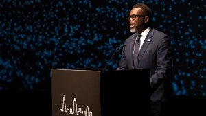 Mayor Brandon Johnson speaks at the opening night of the Pritzker Forum.
