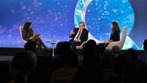 Leila Sadat, David Scheffer, and Anjli Parrin in conversation on the Chicago Council Conference Center stage.