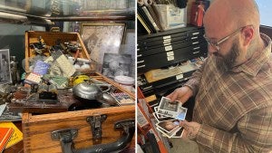 Side-by-side photo of a tattoo artist and his tattoo kit