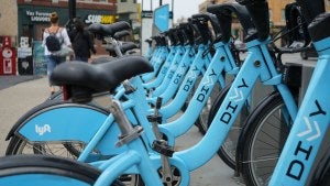 Blue bikes parked at a Divvy station