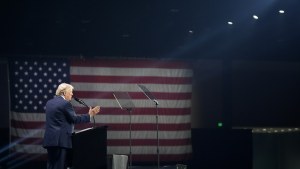 Republican presidential candidate former President Donald Trump speaks at the Turning Point Believers' Summit