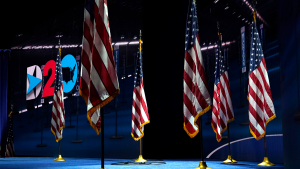 A display of American flags onstage at the Democratic National Convention in 2020.