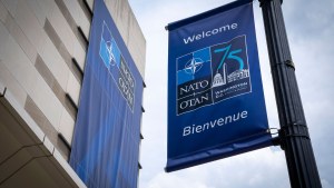 NATO signage is seen outside the Walter E. Washington Convention Center