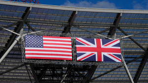 US and UK flags hang in London Stadium ahead of a baseball game between the Philadelphia Phillies and the New York Mets on June 8, 2024.