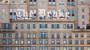 Exterior view of the Drake hotel's neon sign