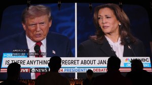 Donald Trump and Kamala Harris appear on the debate screen