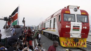 An SGR cargo train travels from the port containers depot on a Chinese-backed railway in Kenya