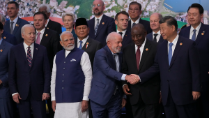 US President Joe Biden, India's Prime Minister Narendra Modi, Brazil's President Luiz Inacio Lula da Silva, South Africa's President Cyril Ramaphosa and China's President Xi Jinping gather for a group photo at the G20 Summit in Rio de Janeiro on November 19, 2024.