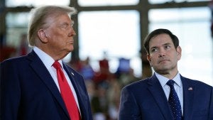 President-Elect Donald Trump and Senator Marco Rubio stand next to each other during a campaign rally on November 4, 2024.