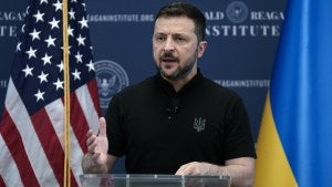 Ukrainian President Volodymyr Zelenskyy speaks at the Ronald Reagan Institute on the sideline of NATO Summit