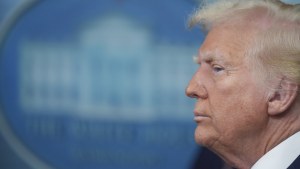 President Donald Trump in the James Brady Press Briefing Room at the White House