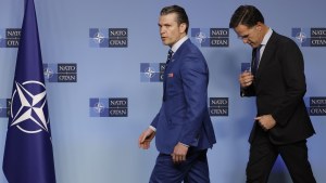 Secretary of Defense Pete Hegseth and NATO Secretary General Mark Rutte prepare to address a media conference during a meeting of NATO defense ministers at NATO headquarters in Brussels on February 13, 2025.