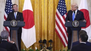 President Donald Trump speaks during a news conference with Japan's Prime Minister Shigeru Ishiba