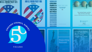 A collage of covers of the annual Chicago Council Survey. 