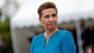 Denmark's Prime Minister Mette Frederiksen attends a ceremony at the Danish monument outside of Sainte Marie du Mont, Normandy on June 6, 2024.