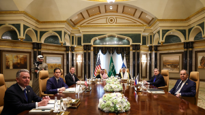 US Secretary of State Marco Rubio, second left, meets with Saudi Foreign Minister Prince Faisal bin Farhan Al Saud, Saudi National Security Advisor Mosaad bin Mohammad Al-Aiban, U.S. National Security Advisor Mike Waltz, third left, U.S. Middle East envoy Steve Witkoff, left, Russian Foreign Minister Sergei Lavrov, right, and Russian President Vladimir Putin's foreign policy advisor Yuri Ushakov, second right, at Diriyah Palace, in Riyadh, Saudi Arabia on February 18, 2025.