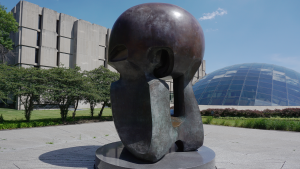 A large, spherical outdoor sculpture