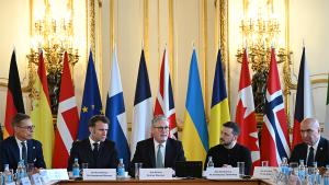 Finland's President Alexander Stubb (from left), France's President Emmanuel Macron, Britain's Prime Minister Keir Starmer, Ukraine's President Volodymyr Zelenskyy, and Romania's Interim President Ilie Bolojan sit at the European leaders' summit to discuss Ukraine at Lancaster House, London on March 2, 2025.