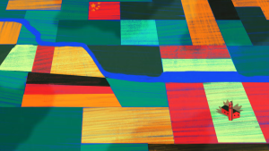 An illustration of an aerial view of farm land