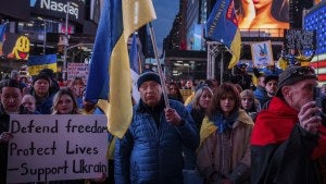 Demonstrators rally in Times Square on the three-year anniversary of Russia's invasion of Ukraine