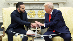 El Salvador's President Nayib Bukele shakes hands with President Donald Trump in an Oval Office meeting on April 14, 2025.