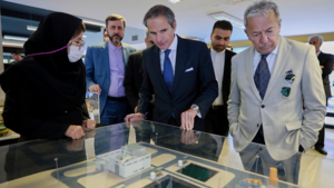 International Atomic Energy Agency Director General Rafael Mariano Grossi (center) visits an exhibition of Iran's nuclear achievements, in Tehran, Iran on April 17, 2025.