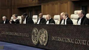 Judges preside over the opening of the hearings at the International Court of Justice in The Hague, Netherlands