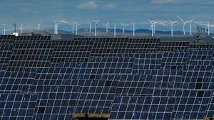 olar panels work near the small town of Milagro, Navarra Province, northern Spain
